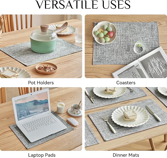 Softalker Faux Linen Placemats Set of 6-12 x 18 Inch, Heat Resistant Double Layered Durable Burlap Farmhouse Place Mats, Non-Slip Washable Rustic Table Mats for Dining, Kitchen, Party（Ash Grey