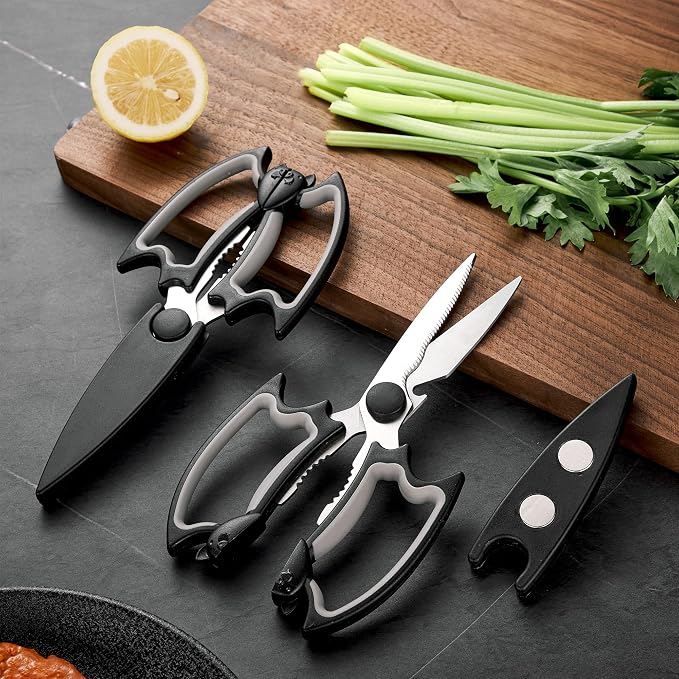 OMDAR Bat Kitchen Scissors All Purpose 2 Pack - Halloween Goth Cute Kitchen Shears - Heavy Duty Stainless Steel Cooking Shears for Cutting Meat, Food, Poultry - with Magnetic Blade Guards
