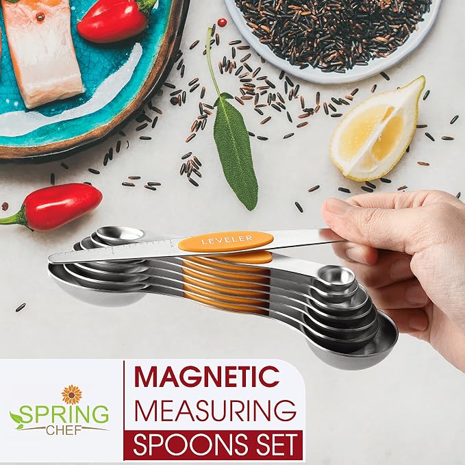 Spring Chef Stainless Steel Magnetic Measuring Spoons Set of 8, Mango | Nesting Teaspoon & Tablespoon Measuring Spoons w/ Leveler for Dry & Liquid Ingredients, Measure Spoons For Baking & Cooking