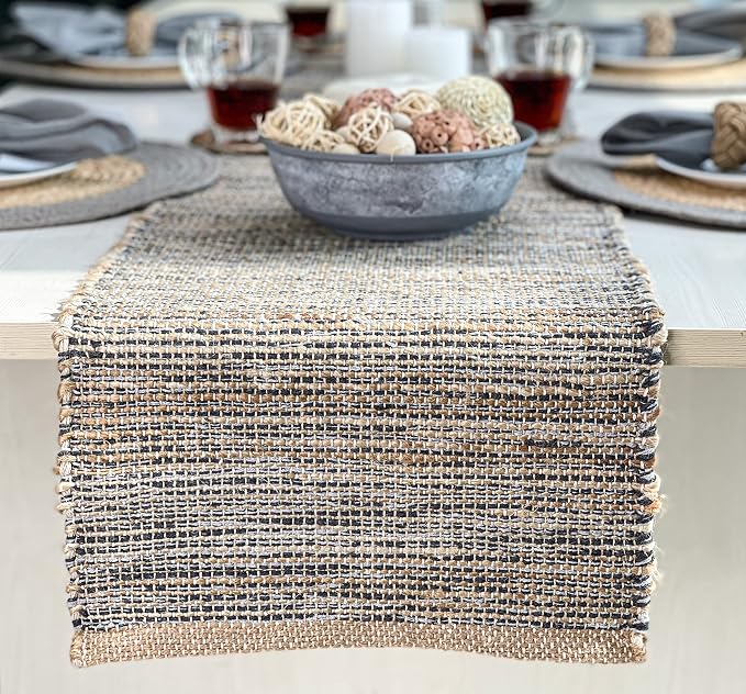 Natural Jute Table Runner 13x90 Inch – Vintage Boho Rustic Table Decor – Handwoven Table Runner in Natural Jute and Grey – Farmhouse Dining or Console Table Accent