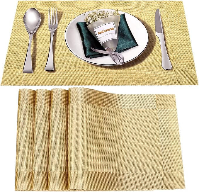 Gold Vinyl Placemats Set of 4,Washable Dining PVC Table Mats | Heat resistant, stain resistant non slip vinyl place mats, washable gold table placemats for dining table