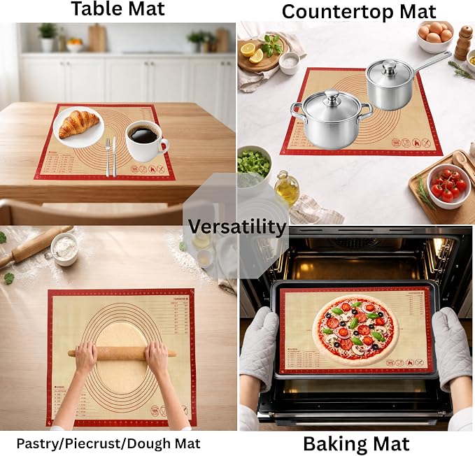 Silicone Pastry Mat with Measurements, 26 x 16 Inch Extra Thick Non-Slip Nonstick Large Baking Mat for Dough Rolling, Kneading, Fondant and Pie, Red