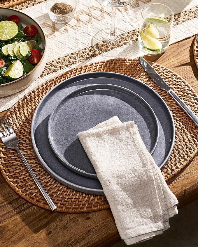 Famiware Annecy 16-Piece Stoneware Plates and Bowls, Misty Blue | Reactive Glaze Dinnerware Set with Pasta Bowls, Service for 4 - Chip & Scratch Resistant, Microwave & Dishwasher Safe