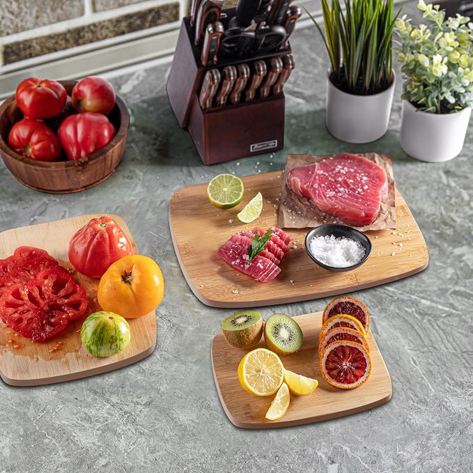 Bamboo Cutting Board Set for Kitchen - 3 Piece Reversible Wooden Cutting Boards, Wood Chopping Boards for Meat, Bread, Fruit, Cheese, Meal Prep, Wood Board and Charcuterie Serving Boards by Bambusi