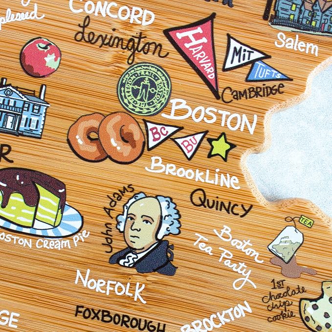 Totally Bamboo Massachusetts State Shaped Cutting Board, Art by Fish Kiss | State charcuterie board with colorful hand-drawn map artwork. Smooth reverse side for food prep. Hang tie for wall display.