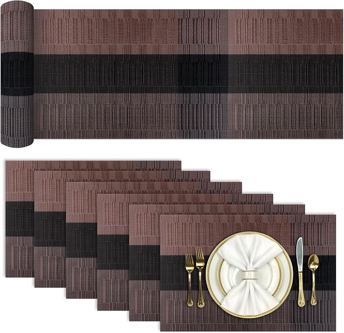 Aofmee Table Runner and Placemats Set of 6 Washable, Heat Resistant Place Mats with Table Runner, Woven Vinyl Table Placemats for Dining Table, Stain Resistant Kitchen Table Mats Sets, Easy to Clean
