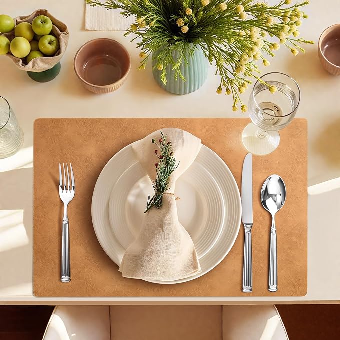 Roxifina Faux Leather Placemats Set of 6 - Vinyl Placemats Wipeable Waterproof Oil-Proof PU Place Mats Heat Resistant Reversible Table Mats for Dining, Kitchen, Outdoor, 12 x 17 Inch (Camel)