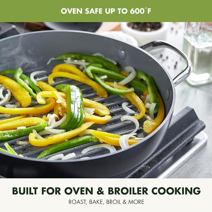GreenPan Valencia Pro 11" Ceramic Nonstick Grill Pan, Hard Anodized | PFAS-Free Nonstick, Induction Ready, Compatible with all Stovetops, Hard Anodized, Gray, Dishwasher Safe, Oven Safe to 600F