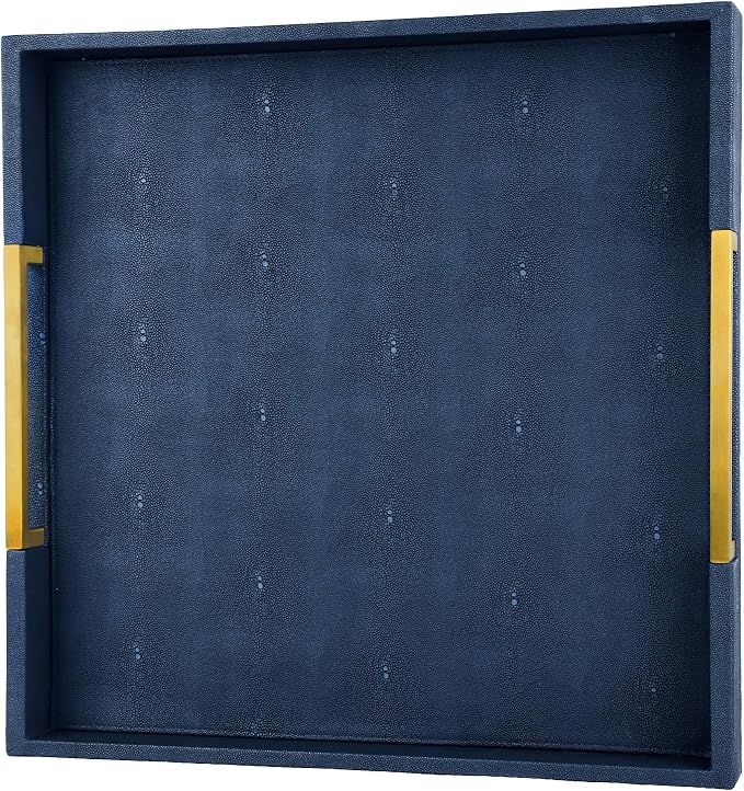 HofferRuffer Faux Leather Serving Tray with Gold Metal Handles, Stylish Decorative Tray Organizer for Coffee Table, Ottoman, Home Decor and Serving (Blue Shagreen, 18.9" x 18.9" x 2")