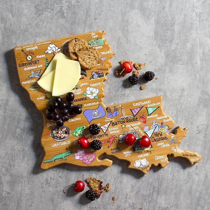 Totally Bamboo Louisiana State Shaped Cutting Board, Art by Fish Kiss | State charcuterie board with colorful hand-drawn map artwork. Smooth reverse side for food prep. Hang tie for wall display.
