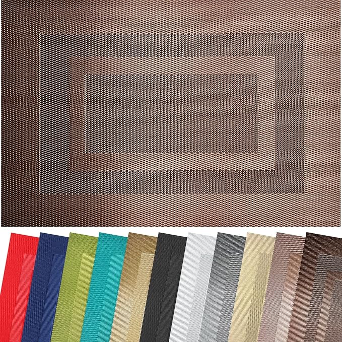 PPIGCHCY Placemats Set of 8 Washable Durable Place Mats Vinyl Heat Resistant Non-Slip Table Mats Indoor Outdoor (18 x 12 inches, Coffee Brown)