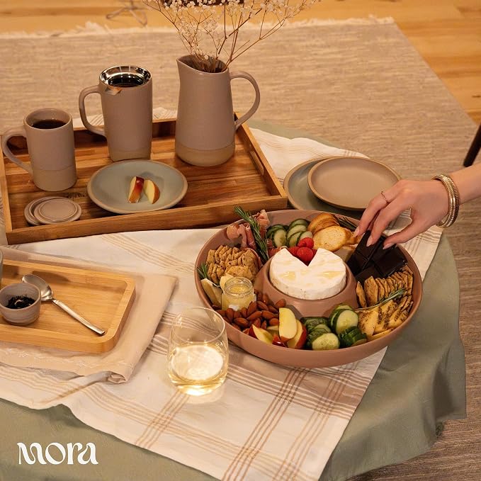 Mora Ceramic Chips and Dip Serving Tray: Large Divided Party Bowl Set for Chips & Salsa, Veggies & Dip, Fruit, Snacks, Entertaining, Hosting, etc. Minimalist Design for the Modern Hostess - Terracotta