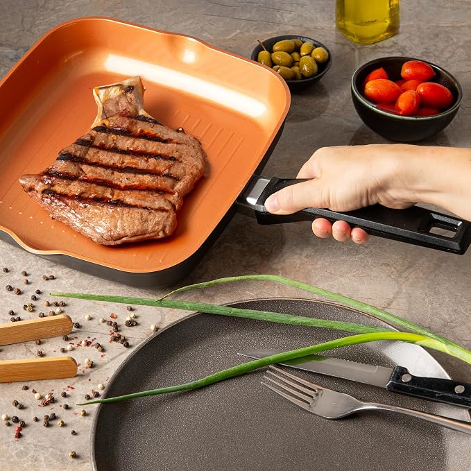 Moss & Stone 9.5" Grill Pan For Indoor Cooking, Induction Copper Pan | Aluminum Square Frying Pan Copper, Non-Stick Sauté Fry Pan for Meats & Vegetables, Griddle Nonstick Stove Top Grill Pan