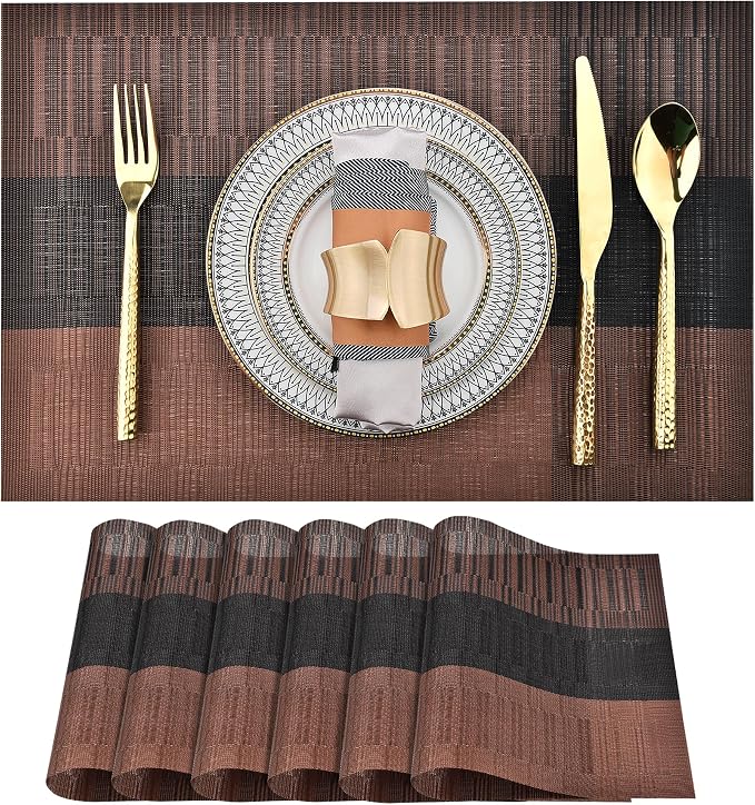 SLKQG Brown Placemats Set of 6 - Easy Clean Modern Durable Washable Vinyl Place Mats - Heat Resistant Placemats for Kitchen Table - PVC Table Mats for Dining Table (Brown Black, 6)