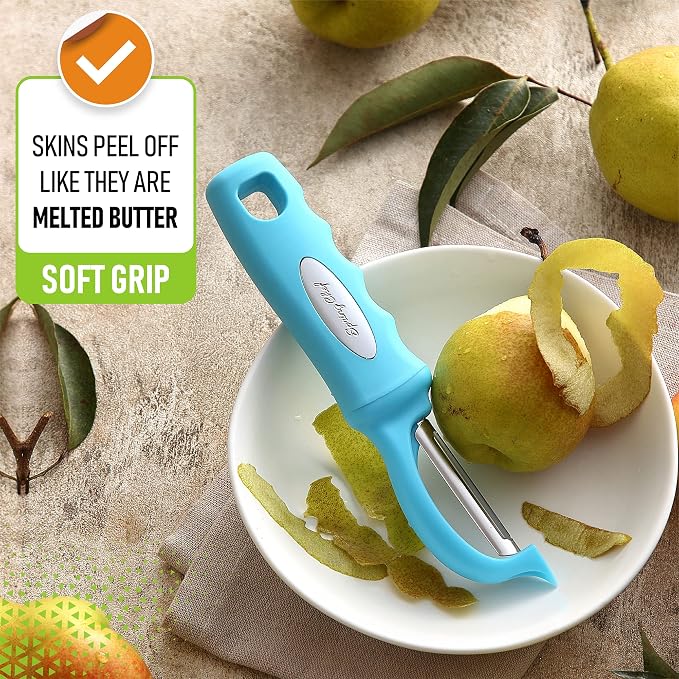 Spring Chef Swivel Potato Peeler for Kitchen w/Soft Grip Handle, Aqua Sky | Premium Vegetable Peeler w/ Sharp Stainless Steel Blades, Multifunctional Food Peeler for Apple, Carrot, Cucumber, Fruit