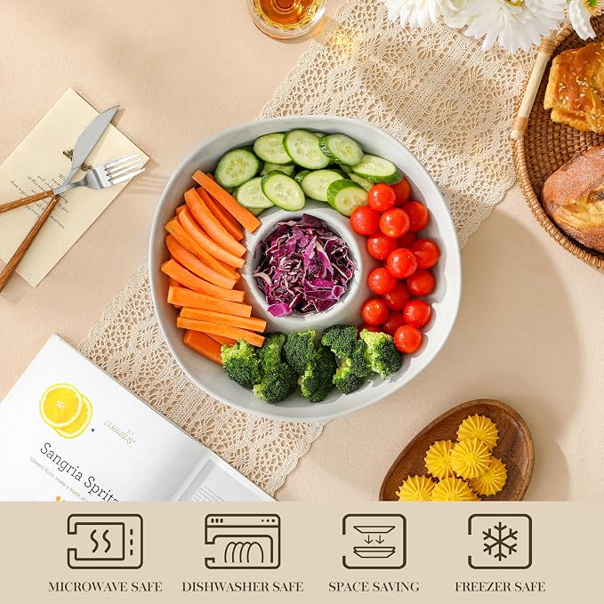 MALACASA Ceramic Chips and Dip Serving Tray, 12 Inch Dip Serving Tray | Free-Form Divided Ceramic Chips and Dip Bowls for Parties, Hosting and Entertaining, Khaki Gray