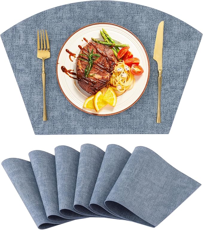 Homaxy Wedge Faux Leather Placemats for Round Table, Set of 6, Blue | Waterproof Wipeable Washable Table Mats, Easy to Clean Anti-Slip Place Mats, 11.8" x 17"