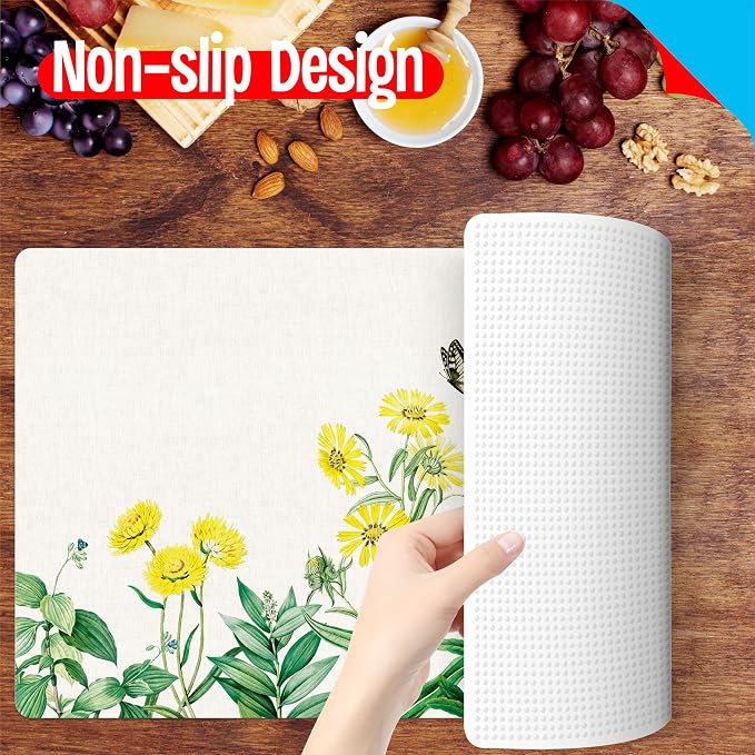 6 Pack Elegant Placemats, Non-Slip Washable, Reusable Placemat - Plants, Flowers Birds, Nature Theme Placemats for Home, Office, Restaurant, Dining Table, Adults, Kids,