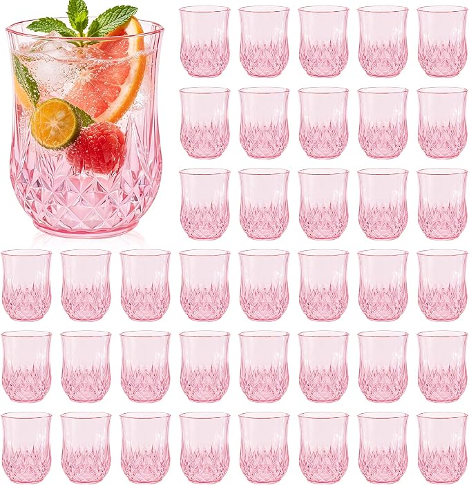 40 Pack Plastic Stemless Wine Glasses, 12oz Unbreakable Wine Cups | Reusable Fancy Vintage Drinking Glass Bulk for Cocktail, Whiskey, Juice, Elegant Decor for Wedding, Party & Holiday Events