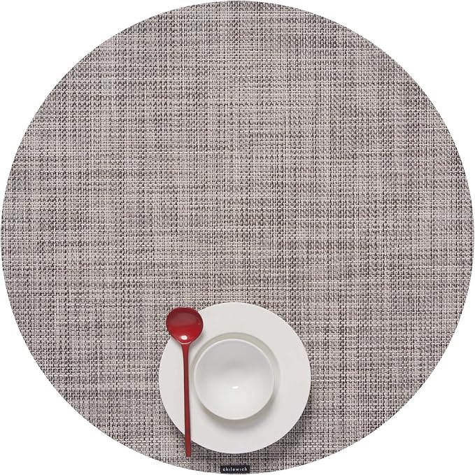 Chilewich Mini Basketweave Placemats, Round Woven Placemats Set of 4 | Reusable, Stain-Resistant, Indoor/Outdoor Tabletop Protection, Gravel, 15" Round
