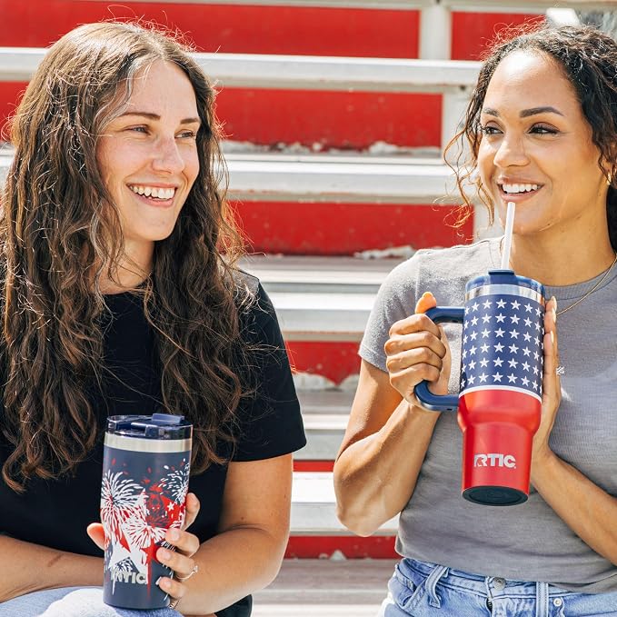 RTIC 30 oz Road Trip Tumbler Double-Walled Ceramic Lined InsulatedStainless Steel Portable Travel Coffee Mug Cup with Lid, Handle and Straw, Fireworks