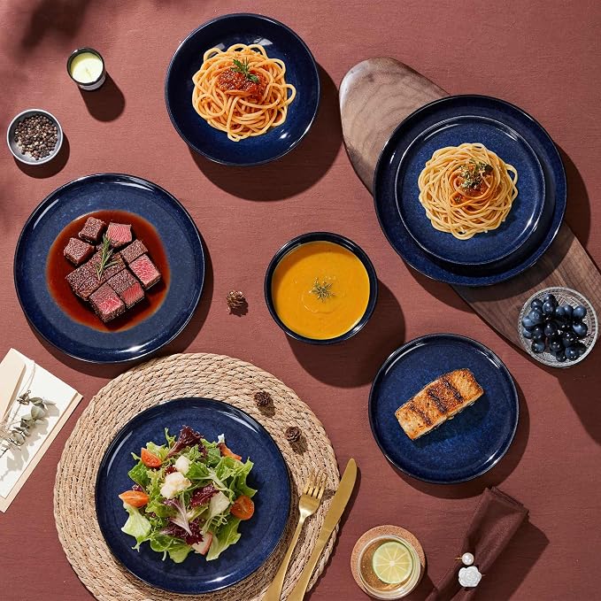 LIANYU 16 Piece Dishes Dinnerware Set with Pasta Bowls for 4, Midnight Blue | Stoneware Plates and Bowls, Dishwasher Safe Dining Ware Dishware for Home Kitchen, Microwave Safe