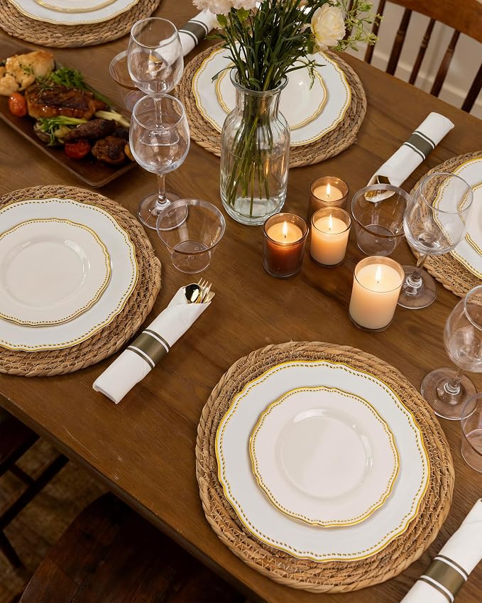 175 Pcs Ivory Gold Plastic Plates Wedding & Party | Gold Plastic Dinnerware Set Includes 25 Dinner Plates, 25 Dessert Dinnerware, 25 Cups, 25 Napkins Perfect