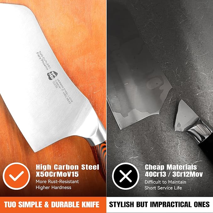 TUO Vegetable Cleaver Knife, Chinese Chef Knife 7 inch Meat Cleaver with Pakkawood Handle, Stainless Steel Butcher Chopper for Home Kitchen - Fiery Phoenix Series