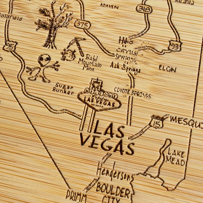 Totally Bamboo A Slice of Life Nevada Engraved Map Cutting Board | 11” x 8.75” charcuterie board with engraved state map artwork. Smooth reverse side for food prep. Hang tie for wall display.