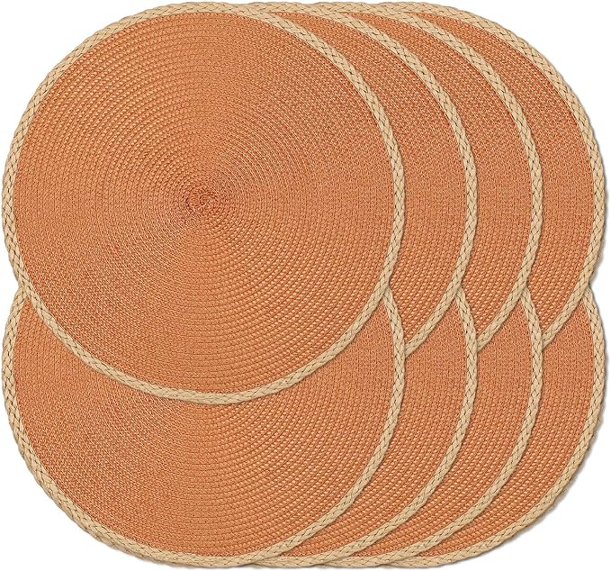 Round Placemats Set of 8, Woven Table Mats, Thin Edge, Orange | Braided Paper Edge, 15 Inch Diameter, Fits Dinner Plate and Flatware, Wipeable, Heat Resistant, Indoor Dining, Outdoor Patio