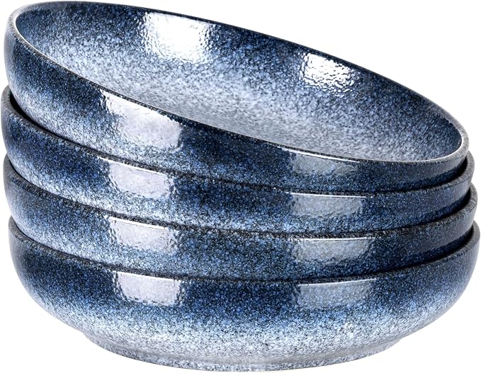 S&Q'S CERAMICS Large Serving Bowls Set of 4, 65 oz Wide Shallow Plates, Pasta Serving Dishes for Party, Entertaining, Microwave Safe (Dark Blue)