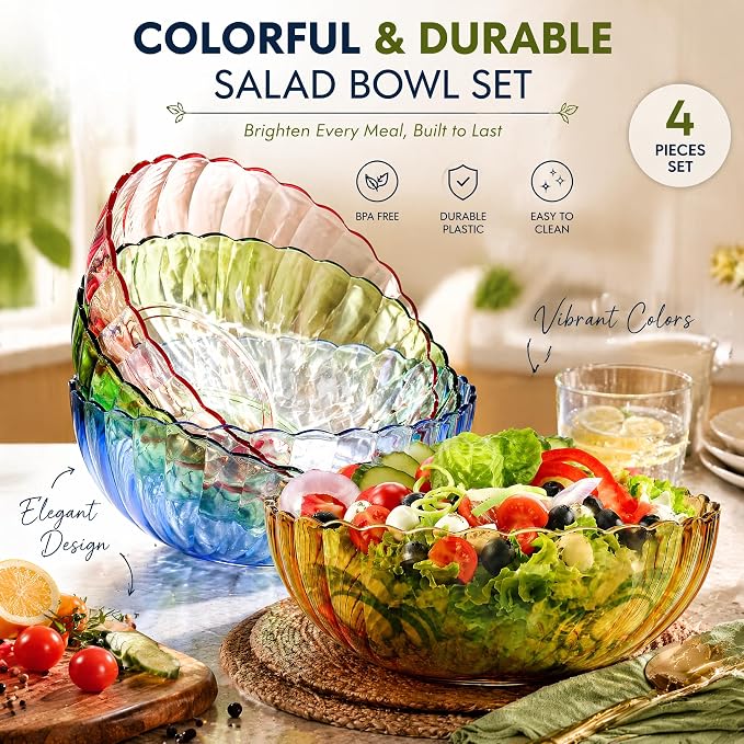 Fasmov 4 Pack Plastic Serving Bowls, Plastic Salad Mixing Bowls, 74oz Break Resistant Plastic Bowls for Salad, Fruit, Popcorn, Chip and Dip, Multicolor