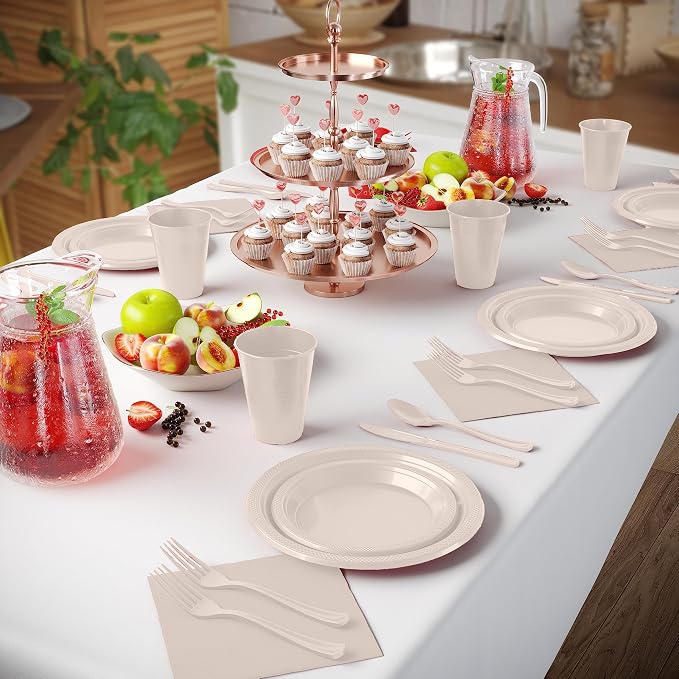 Exquisite 350 Pcs Ivory plates and napkins Party supplies Plate Set | Sturdy Plastic Dinnerware Set with 9" & 7" Plates, 12 Oz Cups, Napkins and Cutlery Serves 50 For Birthdays & Everyday