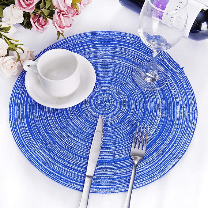 Zupro Round Placemats Set of 6,Braided Cotton Table Mats Heat Resistant Non-Slip Washable,for Kitchen Dining Tables Four Seasons Dinner Parties Thanksgiving Christmas and Everyday Use.Blue White