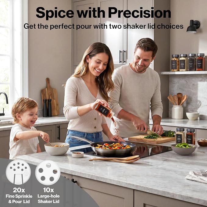 Glass Spice Jars with Label, 24x Space Gray Stainless Steel Lids | Airtight Lids keep spices fresh, Kitchen Spice Drawer Organizer, 4oz Seasoning Containers incl. Funnel, Brush & 240 Labels