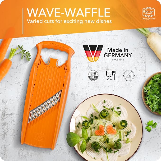 Börner by Reston Lloyd Wave-Waffle Power Line • Crinkle Cut/Spirelli Vegetable Slicer & Food Safety Holder • Slicer for Wave Waffle Cut Style • Multiple Thickness Options • Made in Germany, Orange
