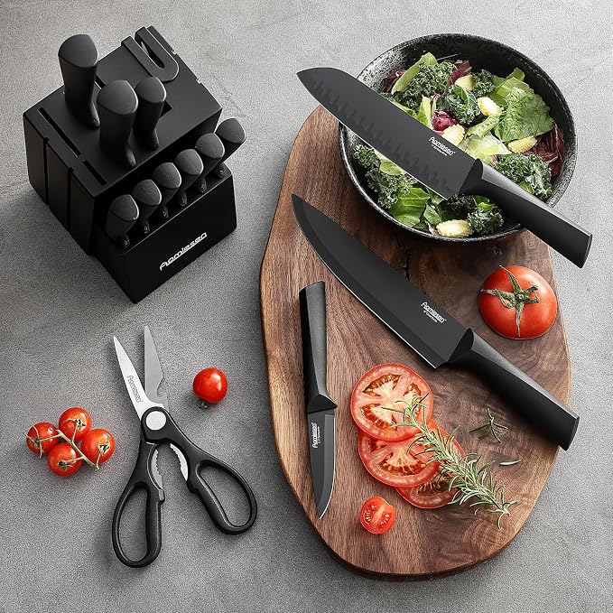 Stainless Steel Knife Set, Knife Block Sets with Built-in Sharpener,15-Piece Block Set with Block and Ergonomic Handles