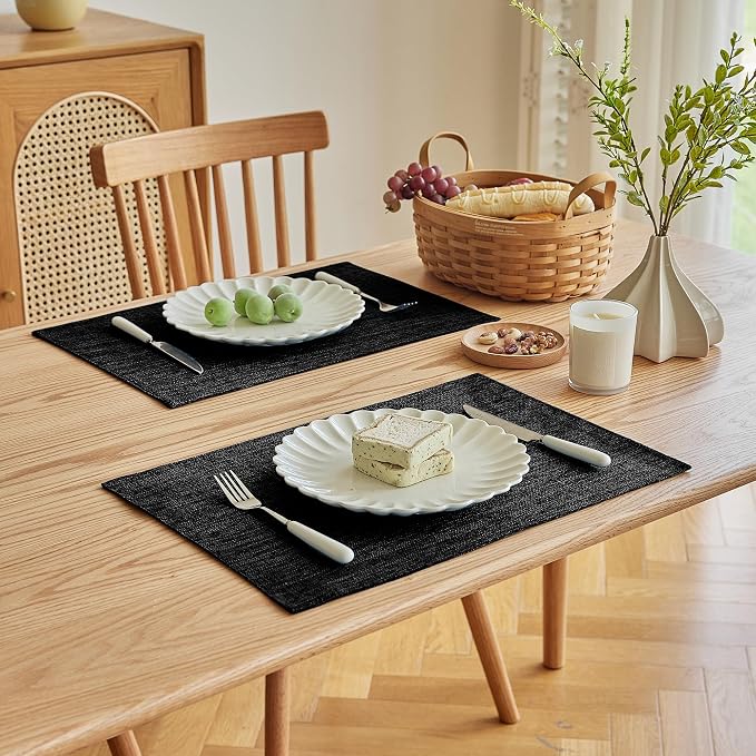 Softalker Faux Linen Placemats Set of 4-12 x 18 Inch, Heat Resistant Double Layered Durable Burlap Farmhouse Place Mats, Non-Slip Washable Rustic Table Mats for Dining, Kitchen, Party（Black