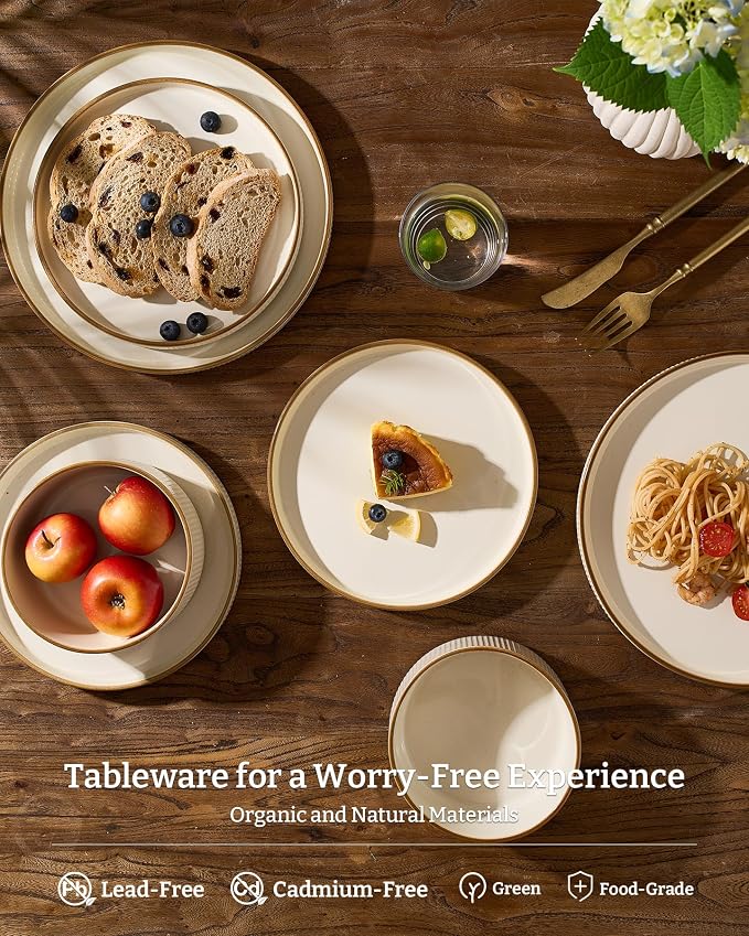 Famiware Star Stoneware Dinnerware Sets with Pasta Bowls, 16pc Dishes for 4 | Ceramic Plates and Double Bowls with Rim. Chip & Scratch Resistant. Microwave & Dishwasher Safe, Everyday & Formal Use, Cream