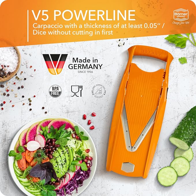 Börner Mandoline Slicer V5 (Professional Set) • Adjustable Vegetable Slicer (7-piece) • 10 Cutting Styles • Kitchen Slicer incl. Docking Station • Stainless Steel V-Blade • Color: Orange
