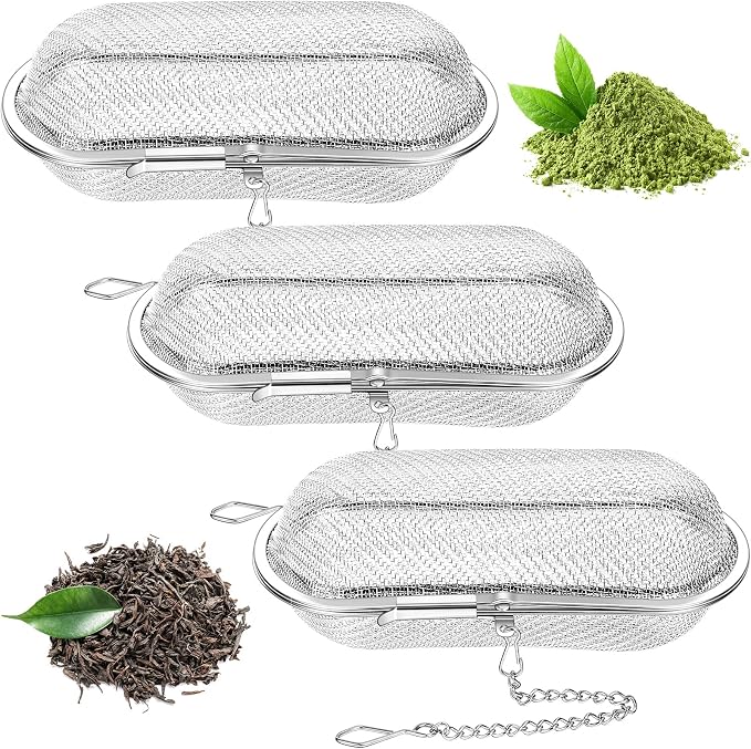 3 Pcs Large Tea Ball Infusers, Loose Leaf Tea Strainers | 4.25 x 1.75 in, 304 Stainless Steel, Mesh Oval Filters, Reusable Tea Steeper, for Kitchen Home Office, Spice Bags for Cooking
