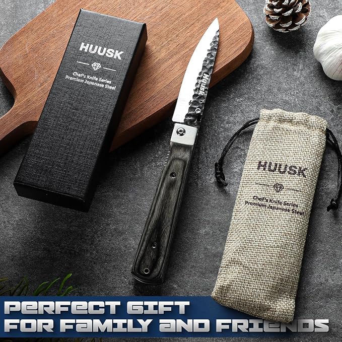 Huusk Japanese Folding Fruit Knife - Pocket Paring Knife | Portable Kitchen Knives, Hand Forged Blade, Wooden Handle, Gift Box, For BBQ, for Camping and Travel