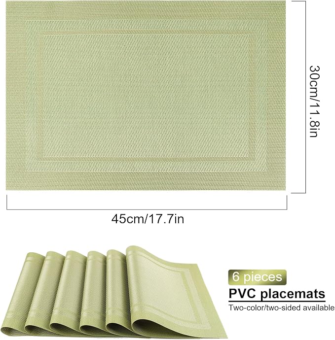Placemats,Table Place Mats for Kitchen Dining, Heat-Resistant Anti-Skid Stain Washable PVC Table Mats, Easy to Cleaning Woven Vinyl Dinner Mats (Green, 6 Pack)