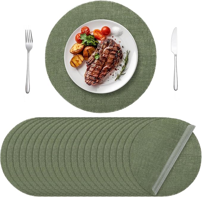 Aneco 50 Pieces Round Burlap Placemats 13.78 Inch Reusable Sage Green Table Mats Heat Resistant Natural Jute Fibers Placemats Burlap Circle Rustic Table Decorations for Dinner Holiday Farmhouse Decor