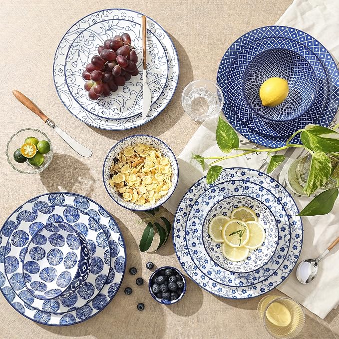 Selamica Ceramic Dinnerware Sets, 12 pcs Plates and Bowls Sets,Vintage Blue | Scratch Resistant Dishes set for 4, Dishwasher & Microwave Safe