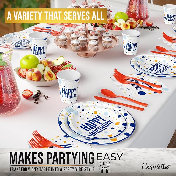 Exquisite 350 Pcs Blue Happy Birthday Plates and Napkins Set, Blue Birthday Plates Set, 50 Of Each 9" Dinner Plate, 7" Dessert Plate, 12 oz Cups, Napkins & Cutlery Plastic Dinnerware Set Set