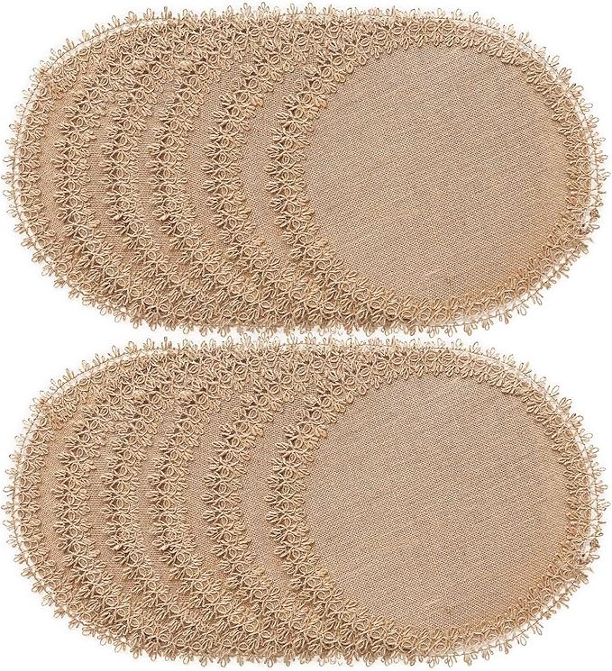 FunWheat Burlap Round Braided Placemats Set of 12 for Dining Tables 15 Inch Heat Resistant Jute Table Mats Farmhouse Woven Fabric Natural Place mats (Brown Jute Lace)