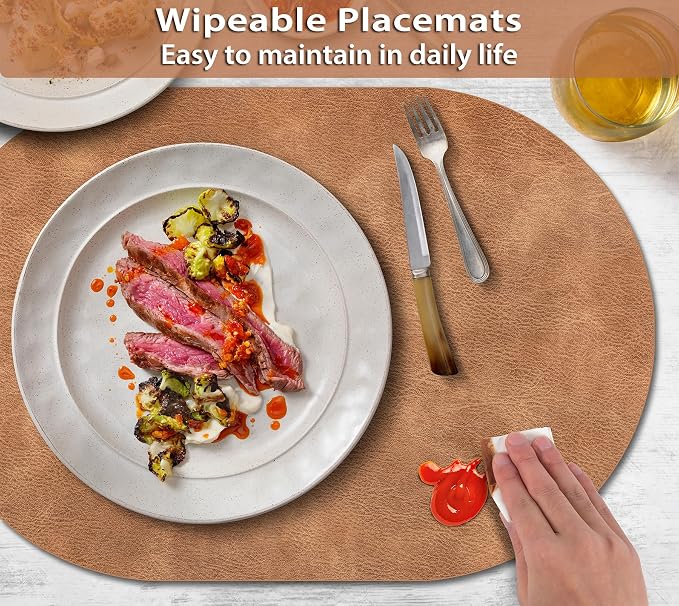 ADRIMER Placemats, Heat Resistant Oval Placemats Set of 4 Washable 12 x 17 Inch, Waterproof Table Mats, Wipeable Pu Place Mats for Kitchen, Dining Room, Sandy Light Brown