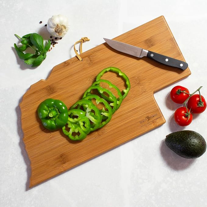 Totally Bamboo Nebraska State Shaped Cutting Board, Summer Stokes Art | State charcuterie board with colorful hand-drawn landscape art. Smooth reverse side for food prep. Hang tie for wall display.