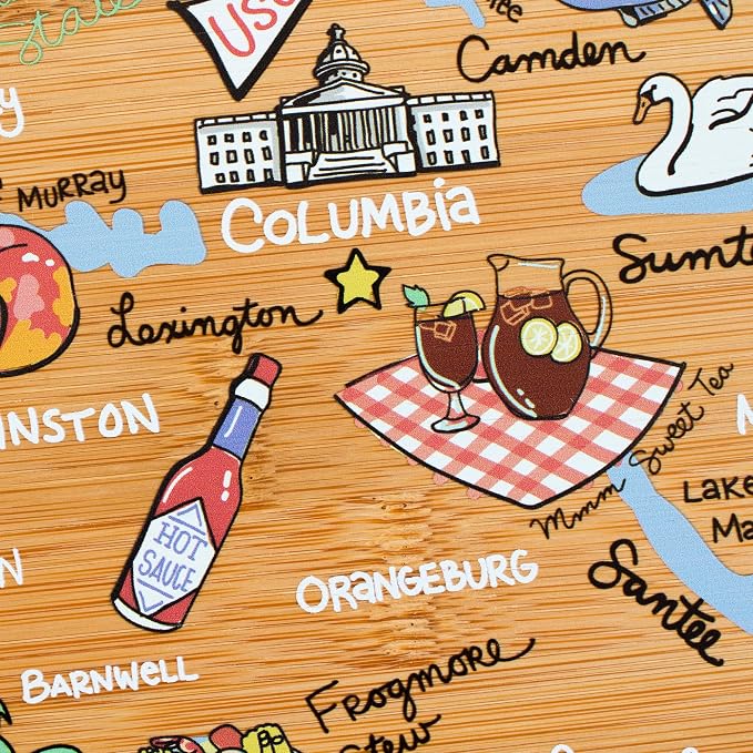 Totally Bamboo South Carolina State Shaped Cutting Board, Art by Fish Kiss | State charcuterie board with colorful hand-drawn map artwork. Smooth reverse side for food prep. Hang tie for wall display.